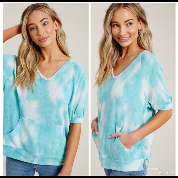 Tops - Teal Tie-Dye French Terry kangaroo pocket top